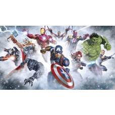 Marvel Avengers behang met Captain America, Iron Man, Thor, Hulk, Black Panther, Black Widow en andere superhelden klaar voor de strijd.