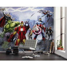 Behang Avengers Ultieme Superhelden in een kinderkamer met Iron Man, Hulk, Thor en Captain America op een spectaculaire Marvel muur.