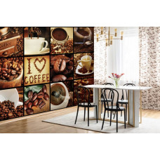 Een fotobehang van koffiebonen en cappuccino, perfect voor de keuken.