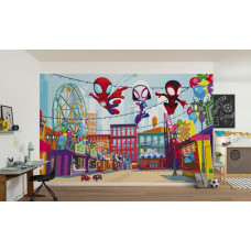 Fotobehang met Spidey, Ghost-Spider en Miles Morales in actie aan de muur van een kinderkamer.
