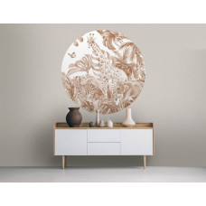 Een stijlvolle behangcirkel met jungledieren in terracotta tinten, passend in een woonkamer.