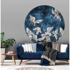 Een elegante muurcirkel met kraanvogels in een abstract kunststijl, ideaal voor een huiskamer.