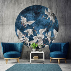 Een decoratieve muurcirkel met kraanvogels in abstracte kunst, passend in een woonkamer.