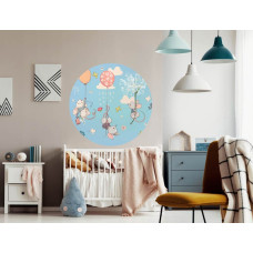 Een decoratieve behangcirkel met muizen in beweging, geschikt voor een babykamer.