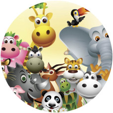 Vrolijke dieren zoals een konijn, egel en vogels op een kleurrijke behangcirkel voor de kinderkamer.