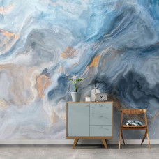 Eine Vliestapete mit blauen Marmormustern in einem modernen Design, geeignet für ein Schlafzimmer.