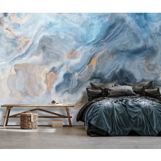 Eine moderne Vliestapete mit blauen Marmor-Details, ideal für ein Wohnzimmer.