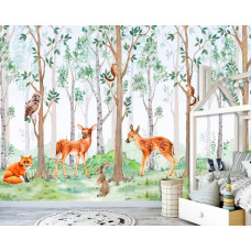 Een fotobehang met bosdieren in een betoverend bos, speciaal voor een kinderkamer.