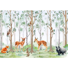 Bosdieren in een natuurlijke omgeving op dit kinderbehang, met illustraties van dieren zoals herten en vossen in een bos.