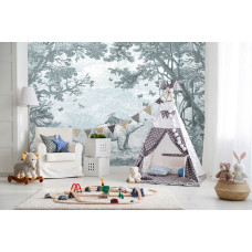 Bosdieren behang in het groen met een beer en andere bosdieren omringd door het bos, getoond in een stijlvolle kinderkamer.