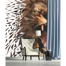 Een fotobehang met een brullende leeuw in een kunstzinnige omgeving voor de huiskamer.