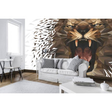 Een fotobehang met een brullende leeuw in een kunstzinnige omgeving voor de woonkamer.