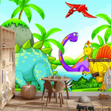 Een dino-fotobehang met levensechte afbeeldingen van dinosaurussen, weergegeven in een jongenskamer.