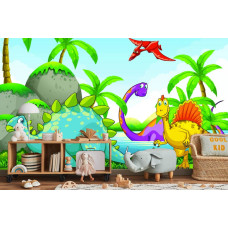Een dino-fotobehang met verschillende dinosaurussen, geschikt voor een kinderkamer.