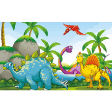 Dino-behang met verschillende dinosaurussen die zich door een weelderig landschap bewegen, perfect voor kinderkamers.