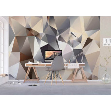 Een 3D fotobehang van abstracte vormen, dat een eigentijdse sfeer creėert in een kantoor.