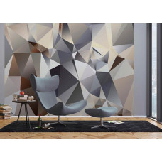 Een 3D fotobehang met abstracte vormen, dat een moderne uitstraling toevoegt aan een woonkamer.