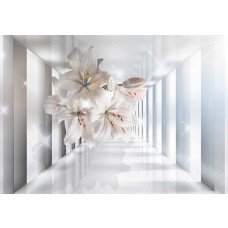 Fotobehang met 3D effect tunnel vol bloemen in grijs.