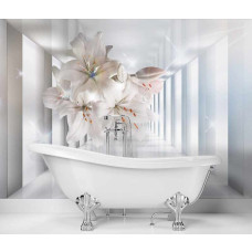 Fotobehang met 3D effect tunnel vol bloemen in grijs.