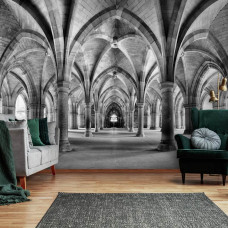 Een fotobehang van een 3D-gebouw met pilaren voor de woonkamer.