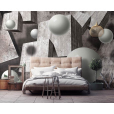 Een fotobehang met geometrische vormen in 3D in abstracte kunststijl.