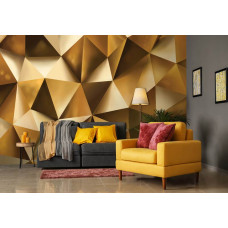 Een fotobehang met geometrische gouden vormen in een huiskamer setting.