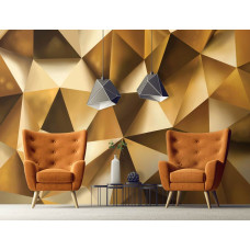 Een fotobehang met een abstracte 3D-vorm in gouden kleuren, ideaal voor een moderne woonkamer.
