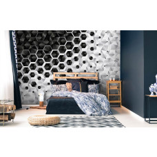Fotobehang met 3D-zeshoeken van zilver metaal, geschikt voor de slaapkamer.