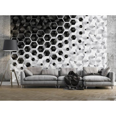 Fotobehang met een 3D-patroon van zilveren hexagons, geometrisch en modern in de woonkamer.
