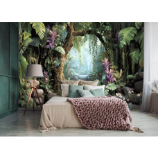 Een fotobehang met een jungle met een waterval en exotische planten, weergegeven in een indrukwekkend 3D-effect dat diepte aan de slaapkamer toevoegt.