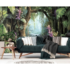 Een woonkamer met een fotobehang met een jungle met een waterval en exotische planten, weergegeven in een indrukwekkend 3D-effect dat diepte en avontuur toevoegt.