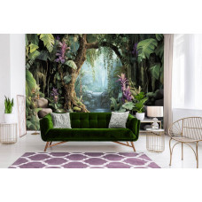 Een fotobehang met een jungle met een waterval en exotische planten, weergegeven in een indrukwekkend 3D-effect dat diepte en avontuur toevoegt aan de woonkamer.