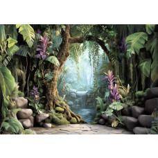 Een fotobehang met een jungle met een waterval en exotische planten, weergegeven in een indrukwekkend 3D-effect dat diepte en avontuur toevoegt.