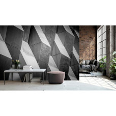 Een fotobehang met een 3D-patroon en geometrisch effect te zien in de huiskamer.
