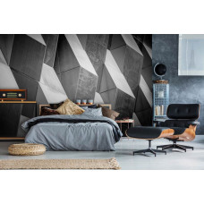 Een fotobehang met een 3D-patroon en geometrisch effect te zien in de slaapkamer.