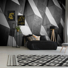 Een fotobehang met een 3D-patroon en geometrisch effect te zien in de woonkamer en slaapkamer.
