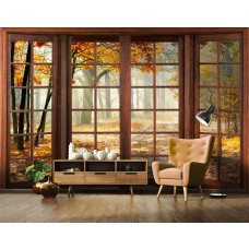 Een fotobehang met een bosrijk herfstlandschap, ideaal voor een woonkamer.