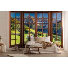 Een fotobehang met 3D-raamzicht op de Alpen in een serene slaapkamer.