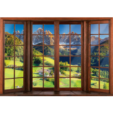 Fotobehang van een 3D-raamzicht op de Alpen, met een weids uitzicht op bergen en landschap.