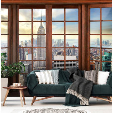 Een fotobehang met 3D-raamzicht op de skyline van New York in een stijlvolle huiskamer.