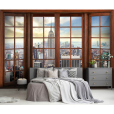 Een fotobehang met 3D-raamzicht op de skyline van New York in een moderne slaapkamer.
