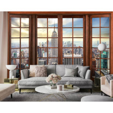 Een fotobehang met 3D-raamzicht op de skyline van New York in een moderne woonkamer.