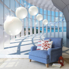 Een fotobehang met een 3D-tunnel met uitzicht op zee en glinsterende ballen voor de huiskamer.
