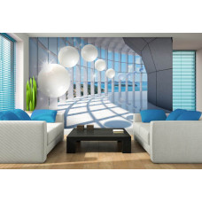 Een fotobehang met een 3D-tunnel met uitzicht op zee en glinsterende ballen voor de woonkamer.