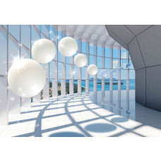 Fotobehang van een 3D-tunnel met uitzicht op zee, glinsterende ballen en abstracte vormen.