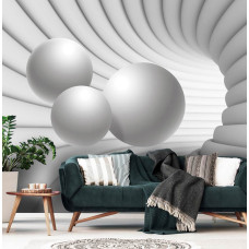 Een fotobehang met een 3D-tunnel van witte bollen in een huiskamer setting.