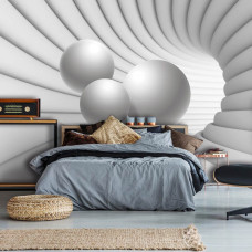 Een fotobehang met een futuristische 3D-tunnel met bollen, geschikt voor de slaapkamer.