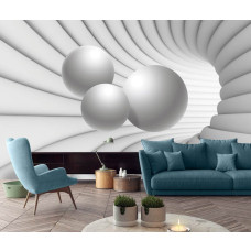 Een fotobehang met een abstracte 3D-tunnel met witte bollen in een dynamische compositie.