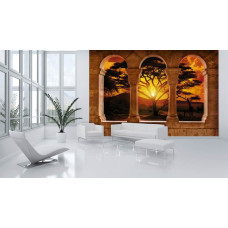 Een fotobehang met een Afrikaans landschap en pilaren, bedrukt op vliesbehang, ideaal voor een woonkamer.