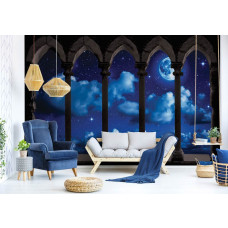 Een fotobehang met een 3D-ontwerp van de maan en sterren met zuilen, bedrukt op vliesbehang, ideaal voor een woonkamer.